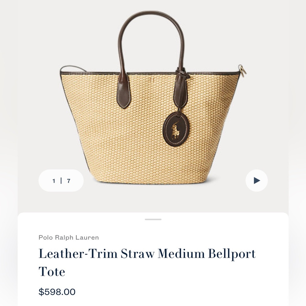 NWT Polo by Ralph Lauren Leather-Trim Straw Medium Bellport Tote - Picture 2 of 14